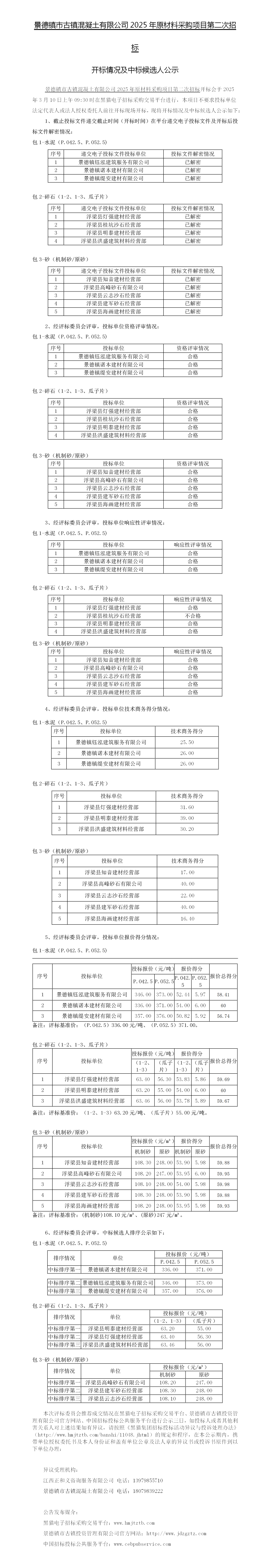 景德鎮(zhèn)市古鎮(zhèn)混凝土有限公司2025年原材料采購項(xiàng)目第二次招標(biāo)開標(biāo)情況及中標(biāo)候選人公示