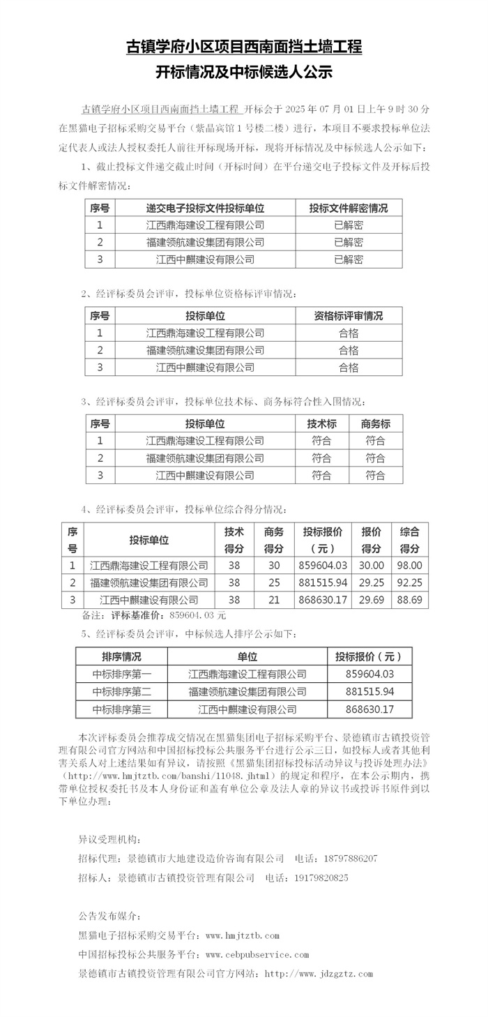 古鎮(zhèn)學(xué)府小區(qū)項目西南面擋土墻工程開標(biāo)情況及中標(biāo)候選人公示