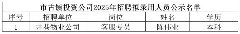 景德鎮(zhèn)市古鎮(zhèn)投資管理有限公司2025年公開招聘工作人員擬聘用人員名單公示